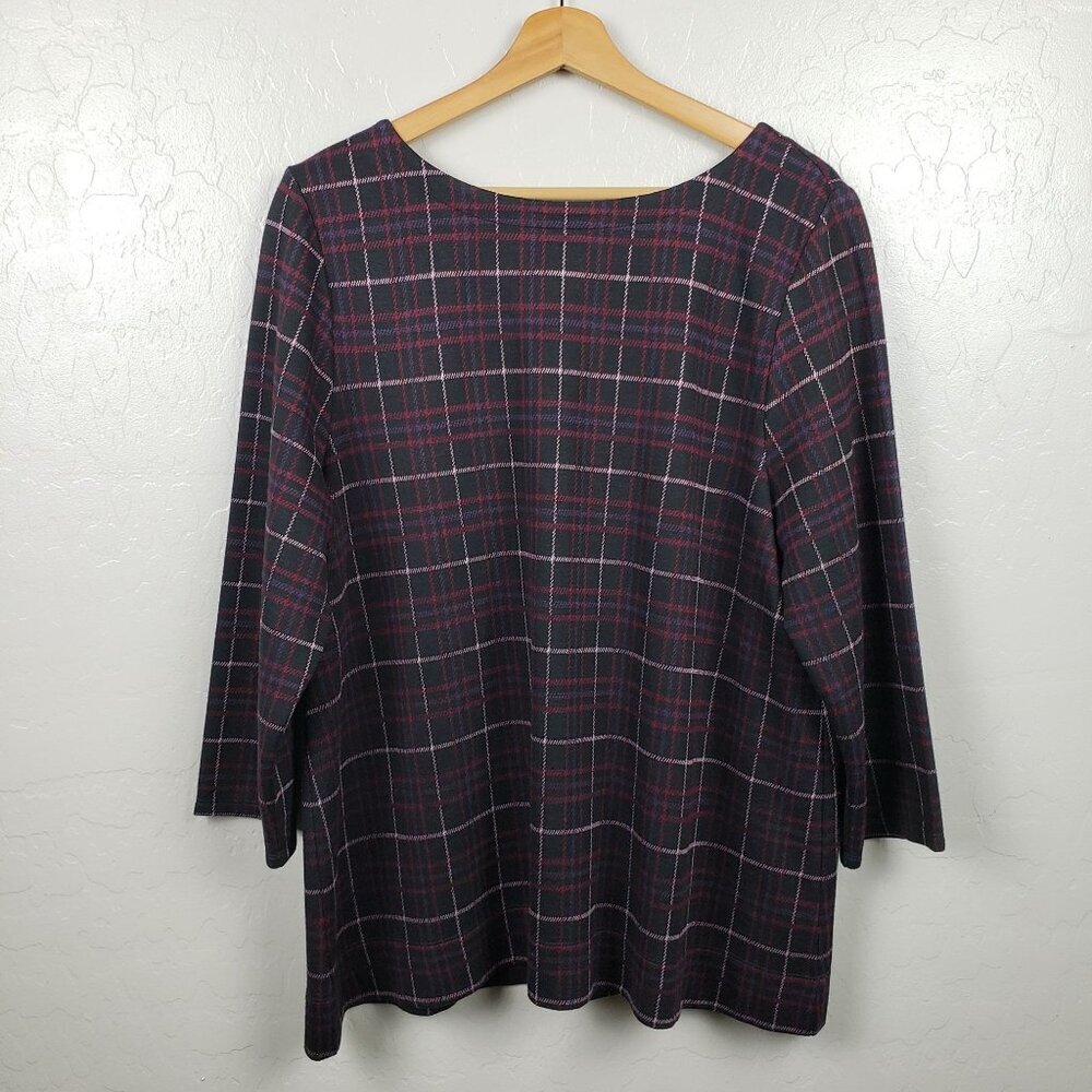 J.Jill Ponte Knit Windowpane Plaid Top Black/Purple Size Large 3/4 Sleeve Fall